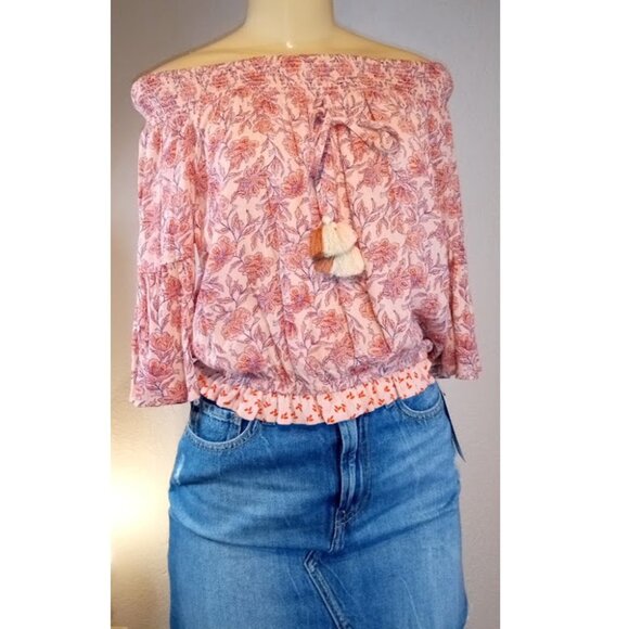 🎩🗝️ NWT $49Chelsea & Violet Boho Coral Floral Off-the-shoulder Top Size XS - Picture 3 of 5